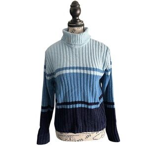 Y2K Nevada Blue Striped Ribbed chenille Turtleneck Sweater size Large